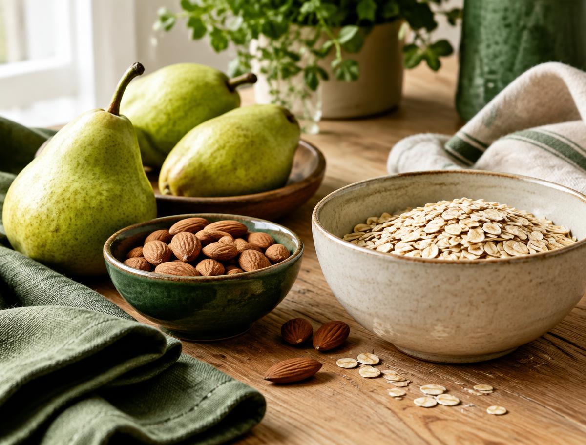 Peras, avena y almendras sobre una mesa